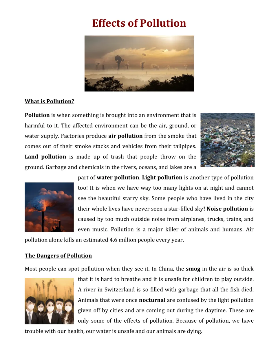 Pollution reading article: students read about air, land, water, light and noise pollution and their dangers, with photos