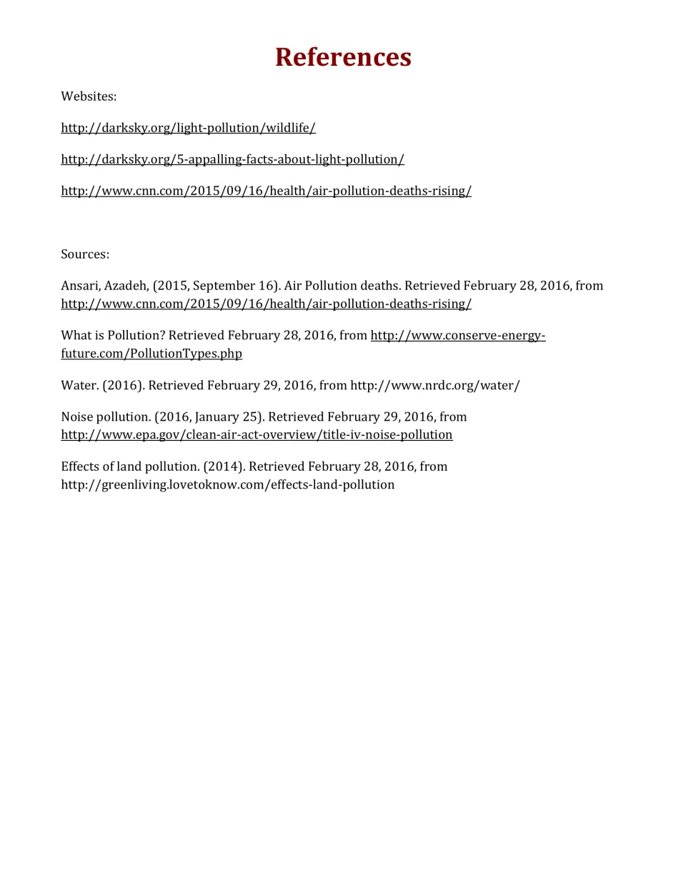 References list for the pollution article citing darksky.org, CNN, EPA, NRDC and other websites retrieved in 2016