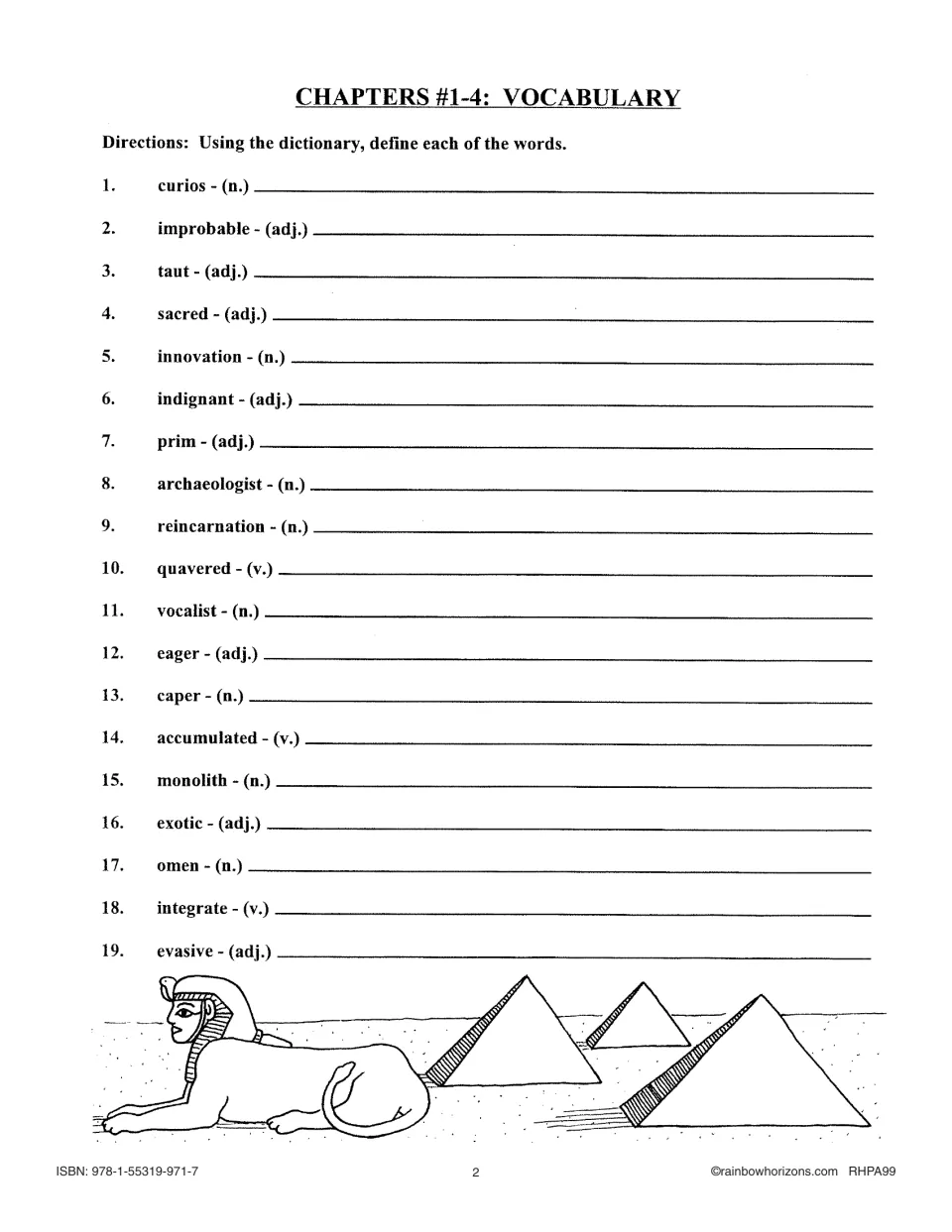 Chapters 1–4 vocabulary activity asks students to define 19 words, including curios, improbable, and taut.