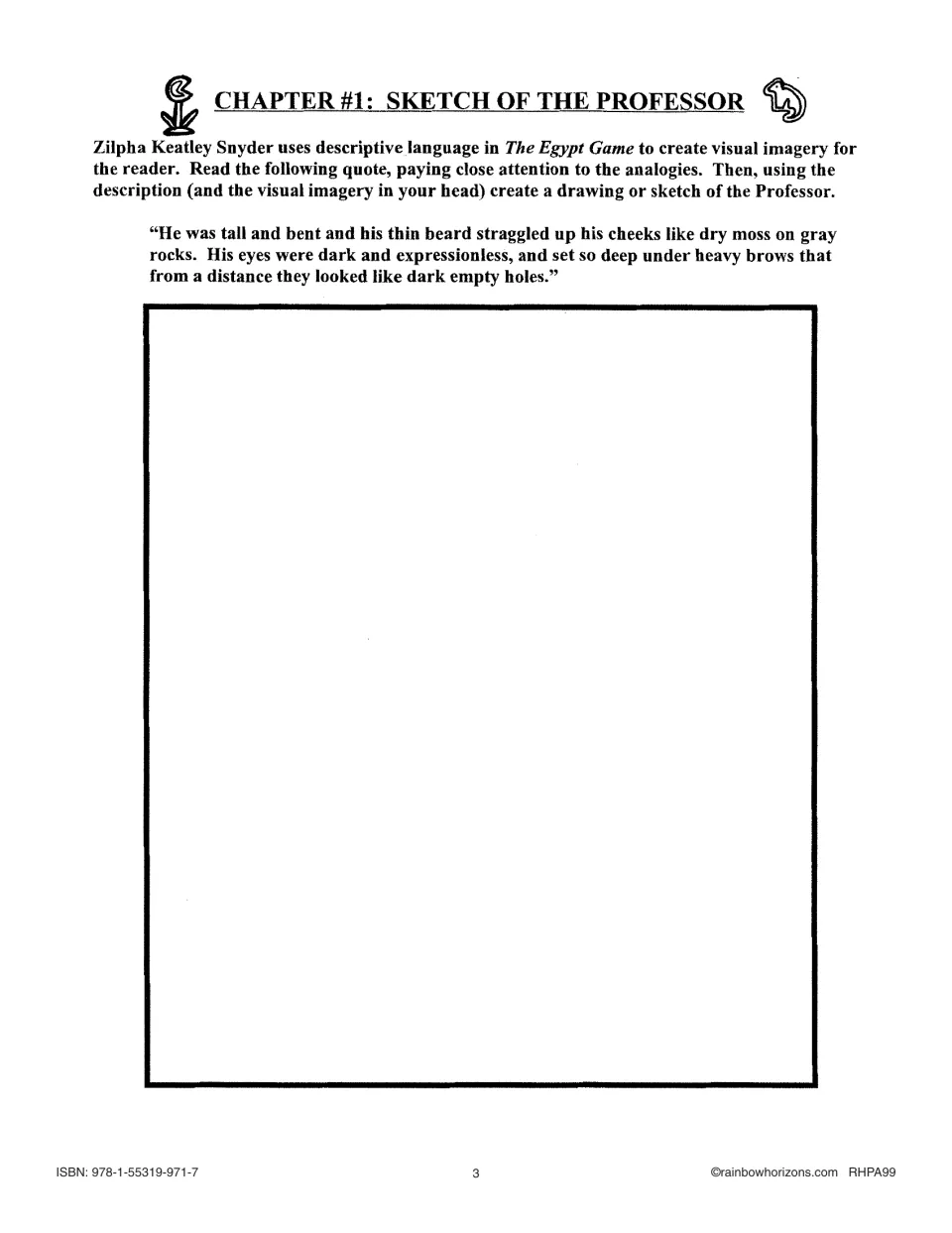 Chapter 1 drawing activity asks students to sketch the Professor using a quote describing his beard and eyes.