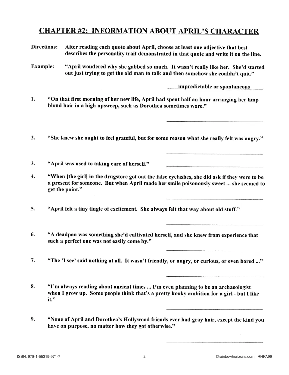 Chapter 2 character activity asks students to choose personality adjectives for nine quotes about April.