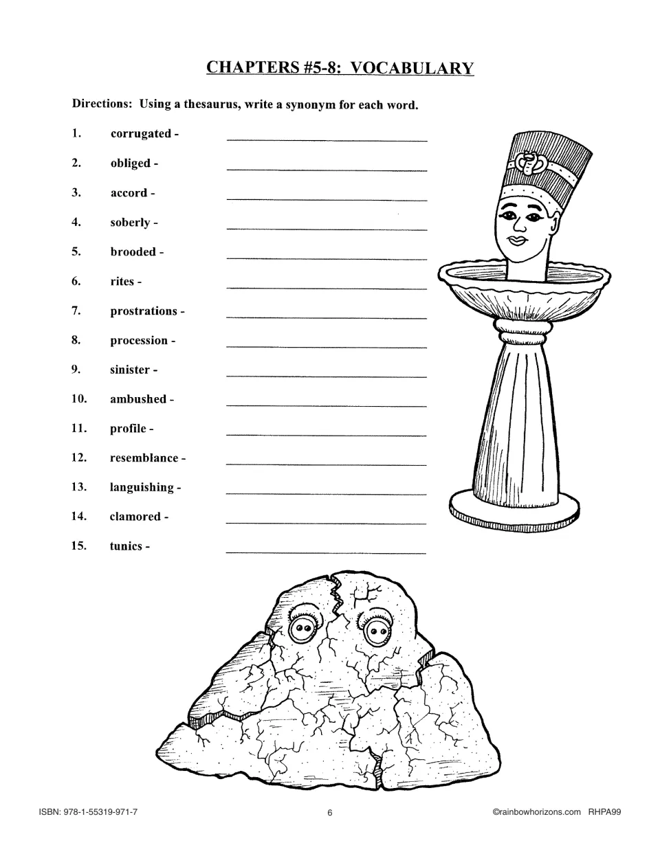 Chapters 5–8 vocabulary activity asks students to find synonyms for 15 words, including corrugated and obliged.