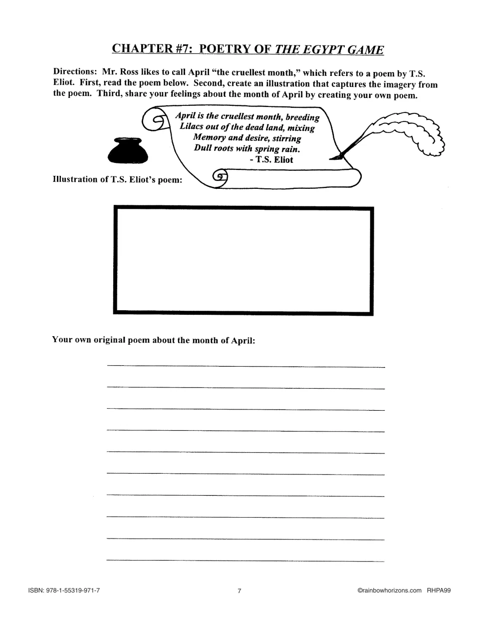 Chapter 7 poetry activity asks students to illustrate a T. S. Eliot excerpt and write a poem about April.