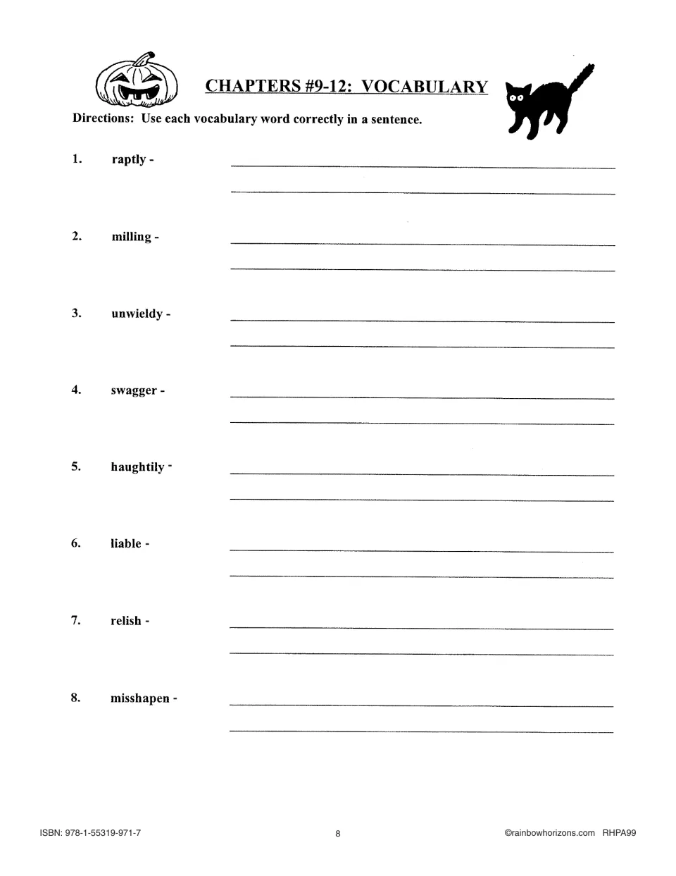 Chapters 9–12 vocabulary sentence practice begins with words 1–8, including raptly, milling, and unwieldy.