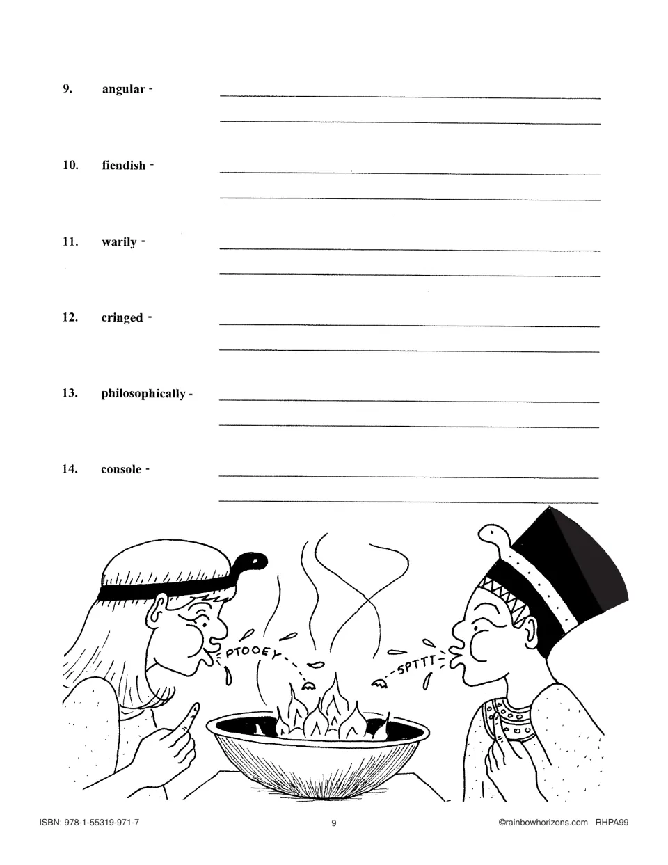 Chapters 9–12 vocabulary sentence practice continues with words 9–14, including angular, fiendish, and warily.