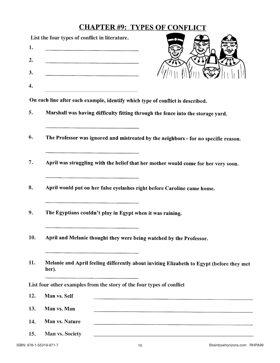 Chapter 9 conflict activity asks students to list four conflict types, classify seven examples, and add four.