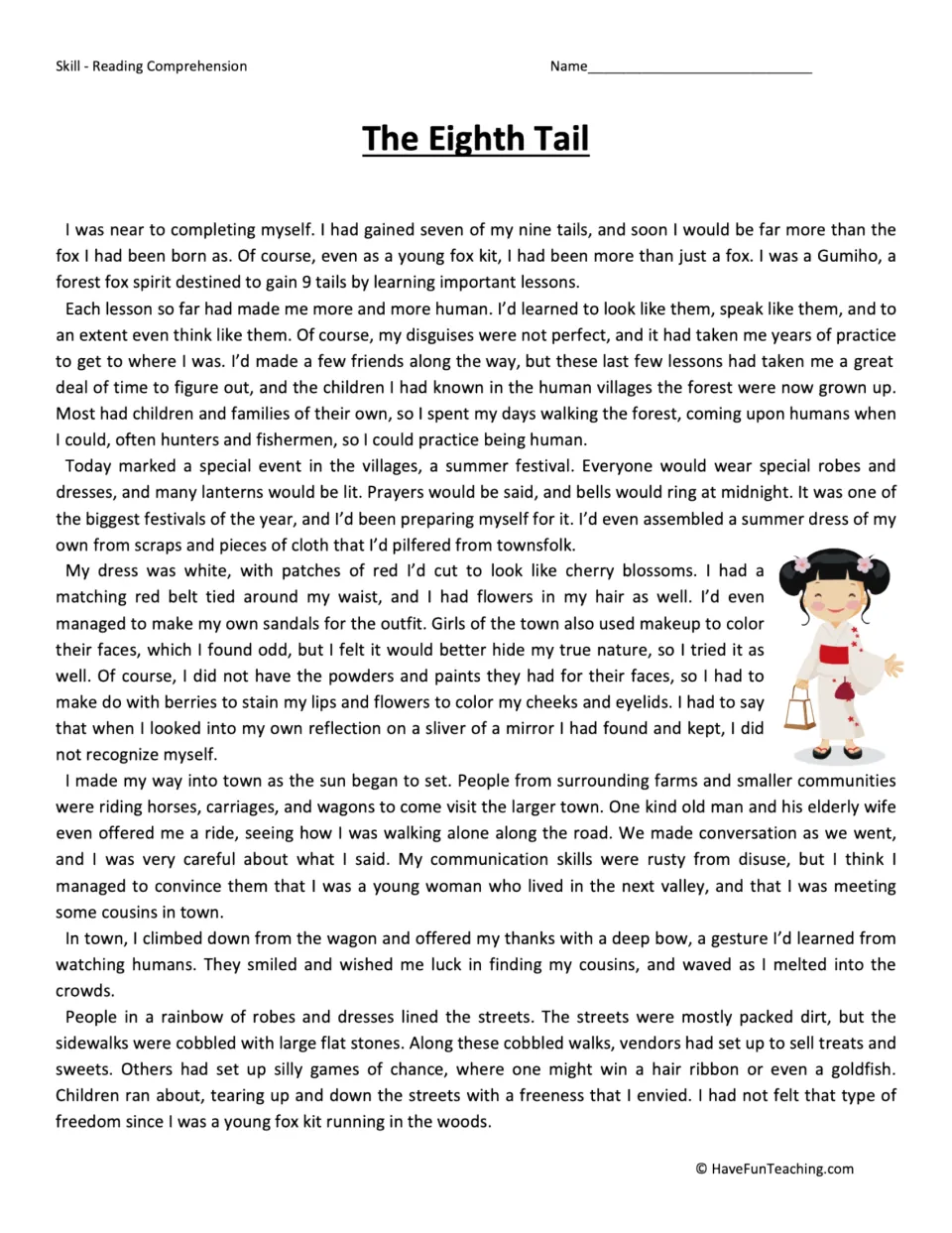 Reading passage, part 1: a Gumiho with seven tails disguises herself as a young woman for a summer festival.