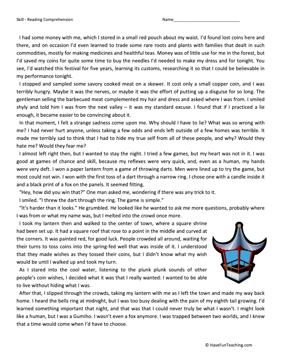 Reading passage, part 2: the Gumiho wins a lantern, wishes to live without hiding, and earns her eighth tail.