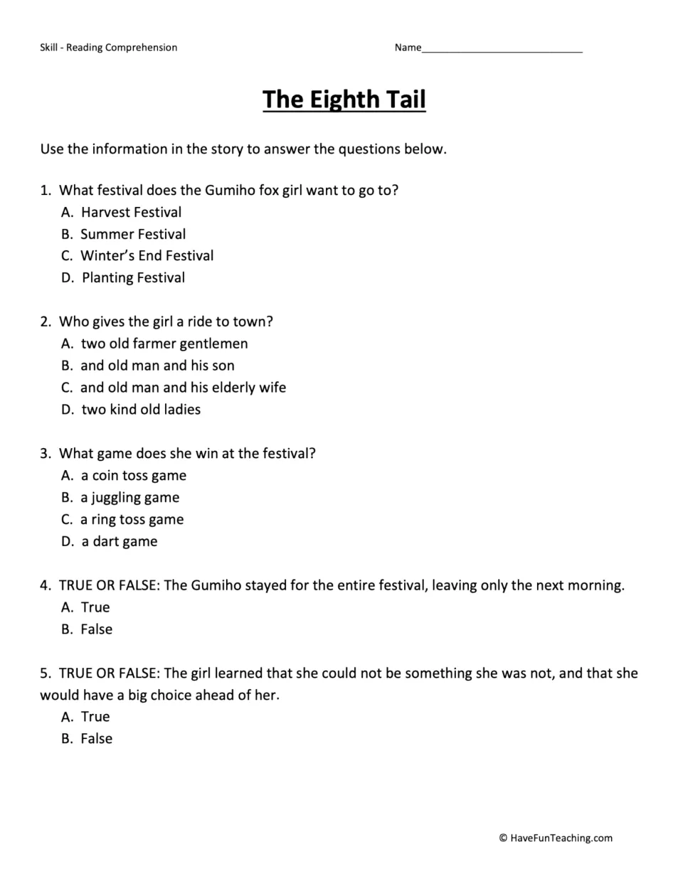 Five comprehension questions about the Gumiho's festival visit, ride to town, dart game, and final lesson.