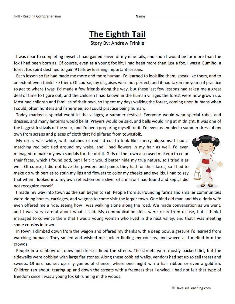 The Eighth Tail Reading Comprehension Worksheet teaching resource preview