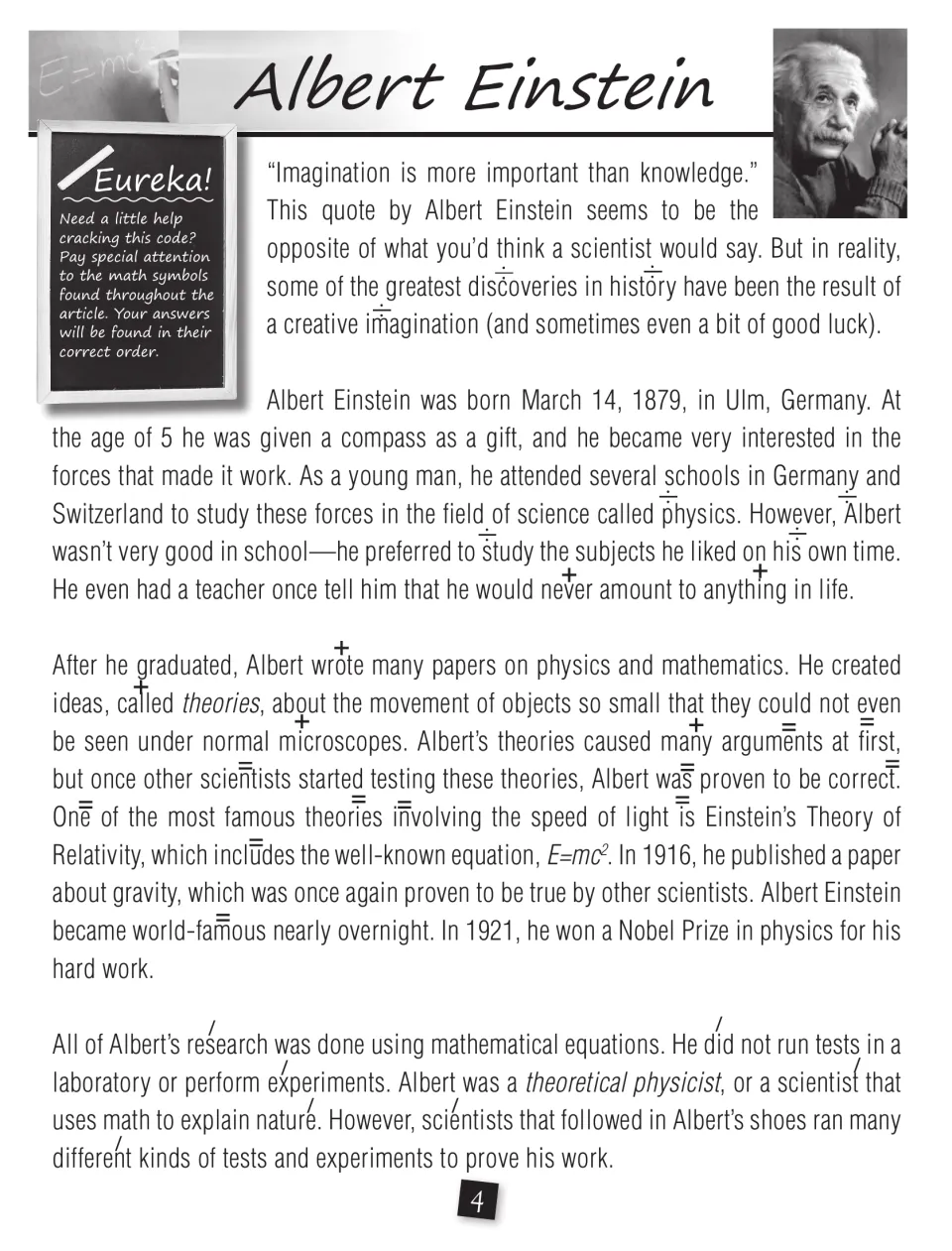 Albert Einstein biography with a hidden math-symbol code; a Eureka hint says the symbols give the answers in order