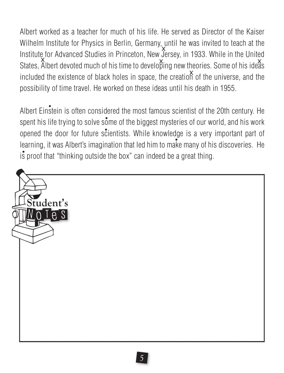 Einstein biography continued, on his teaching years and later theories, with x and dot marks as code, plus a notes space