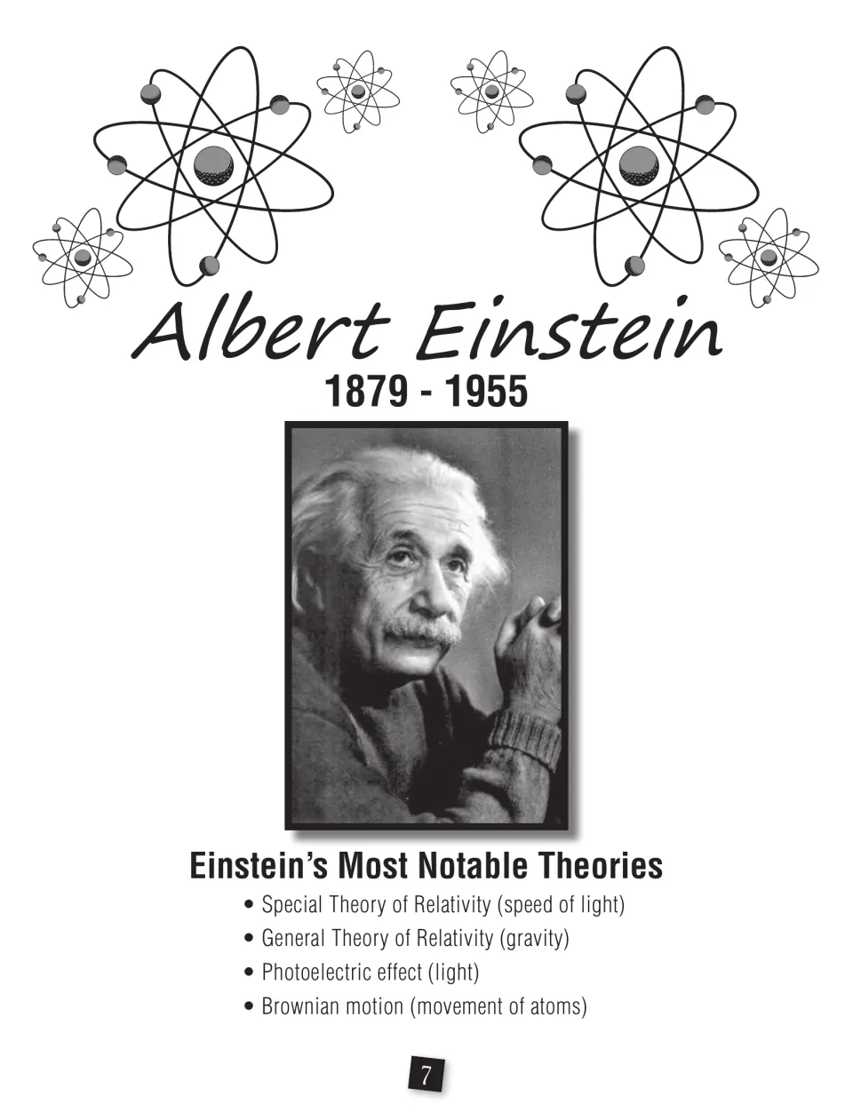 Albert Einstein portrait page, 1879-1955, listing his notable theories, including special and general relativity