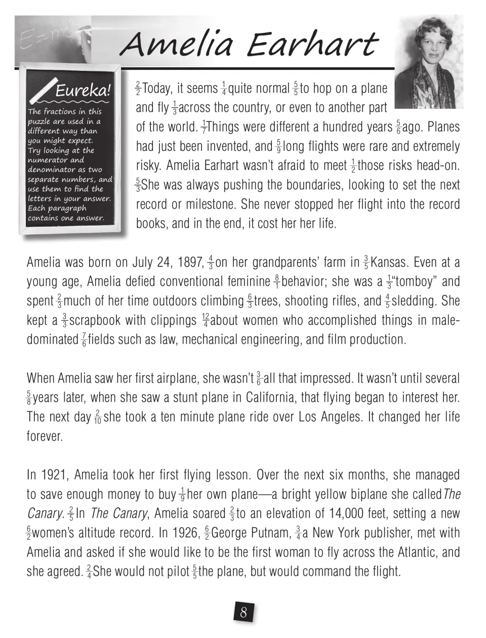 Amelia Earhart biography with a fraction code; students use each numerator and denominator to find letters in each paragraph