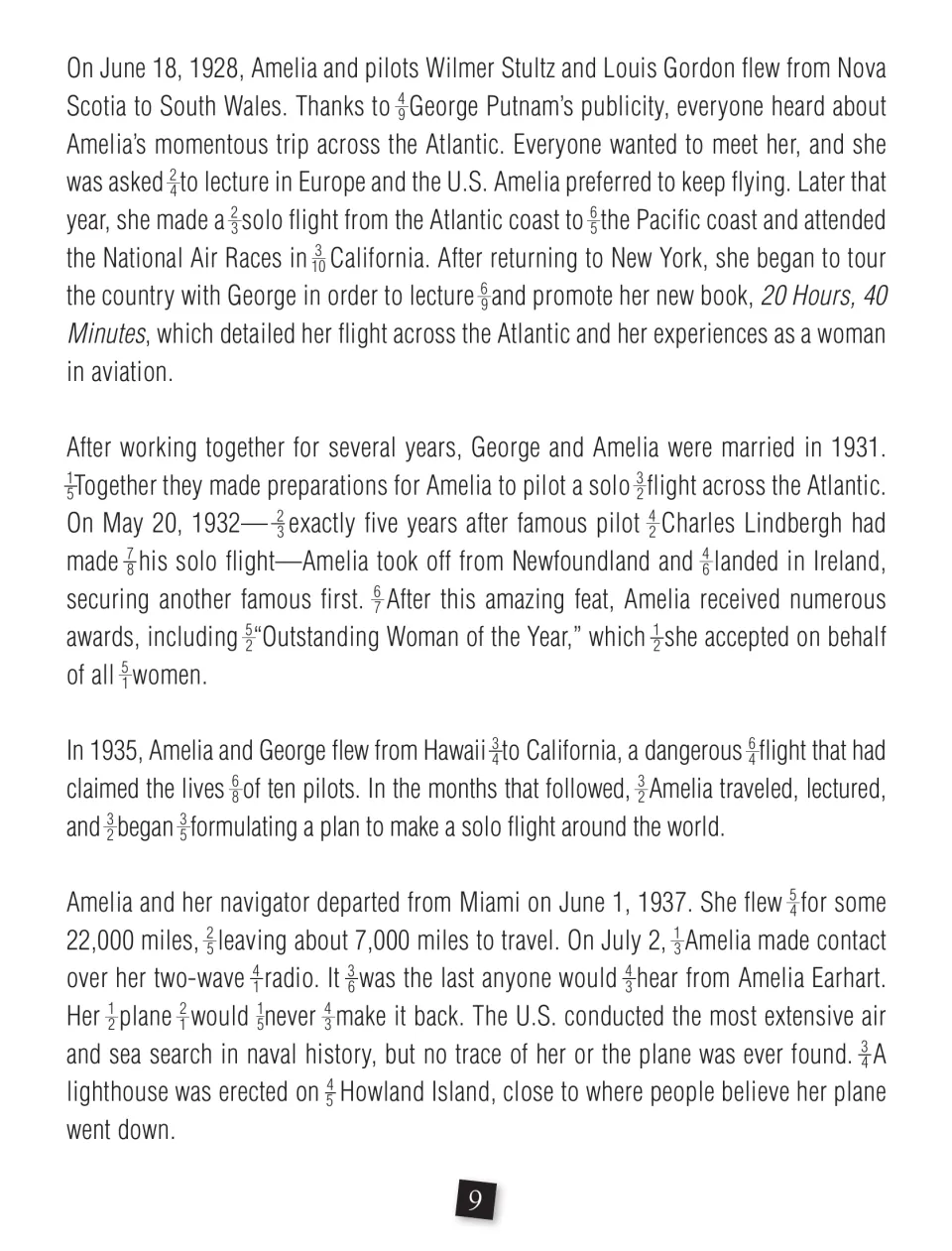 Amelia Earhart biography continued, from her Atlantic flights to her 1937 disappearance, with fractions embedded in the text