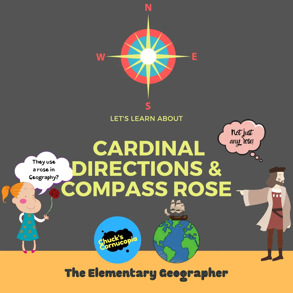 Cover: Let's Learn About Cardinal Directions & Compass Rose, The Elementary Geographer, with a compass rose and globe