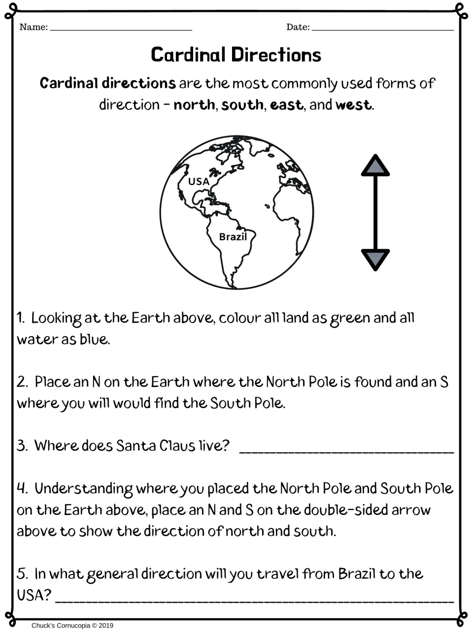 North and south: students colour a globe, mark both poles and label an arrow, then give the Brazil-to-USA direction