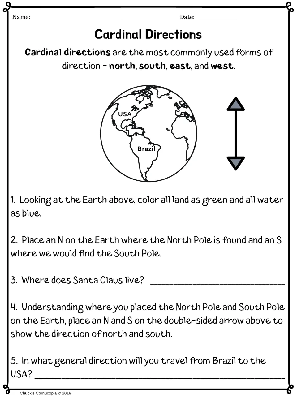 Cardinal directions, color version: students shade land green and water blue, place N and S, and answer where Santa lives