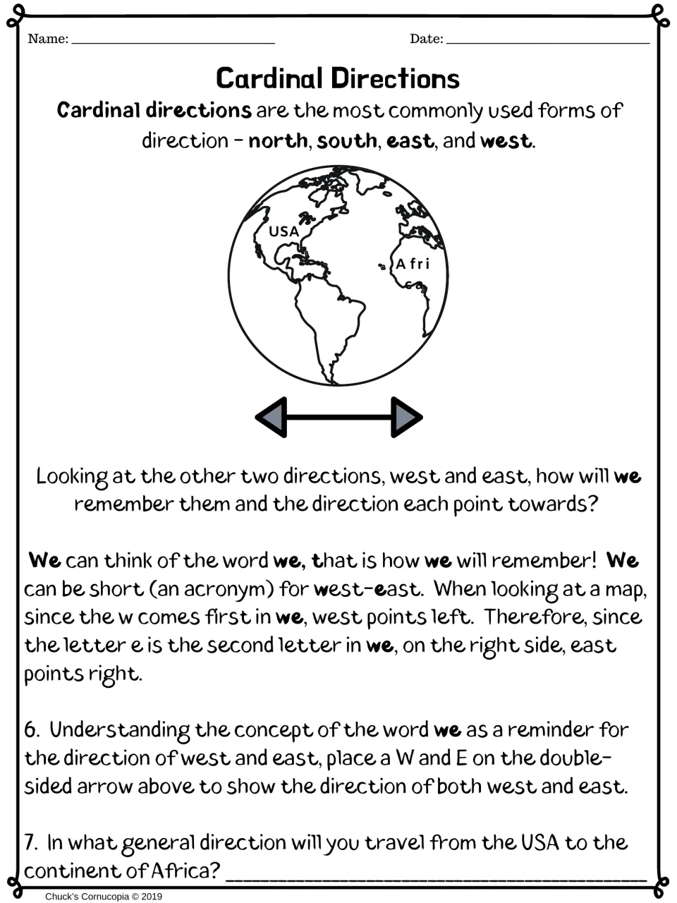 West and east: students use the word 'we' as a memory aid, label a west-east arrow and give the direction from USA to Africa