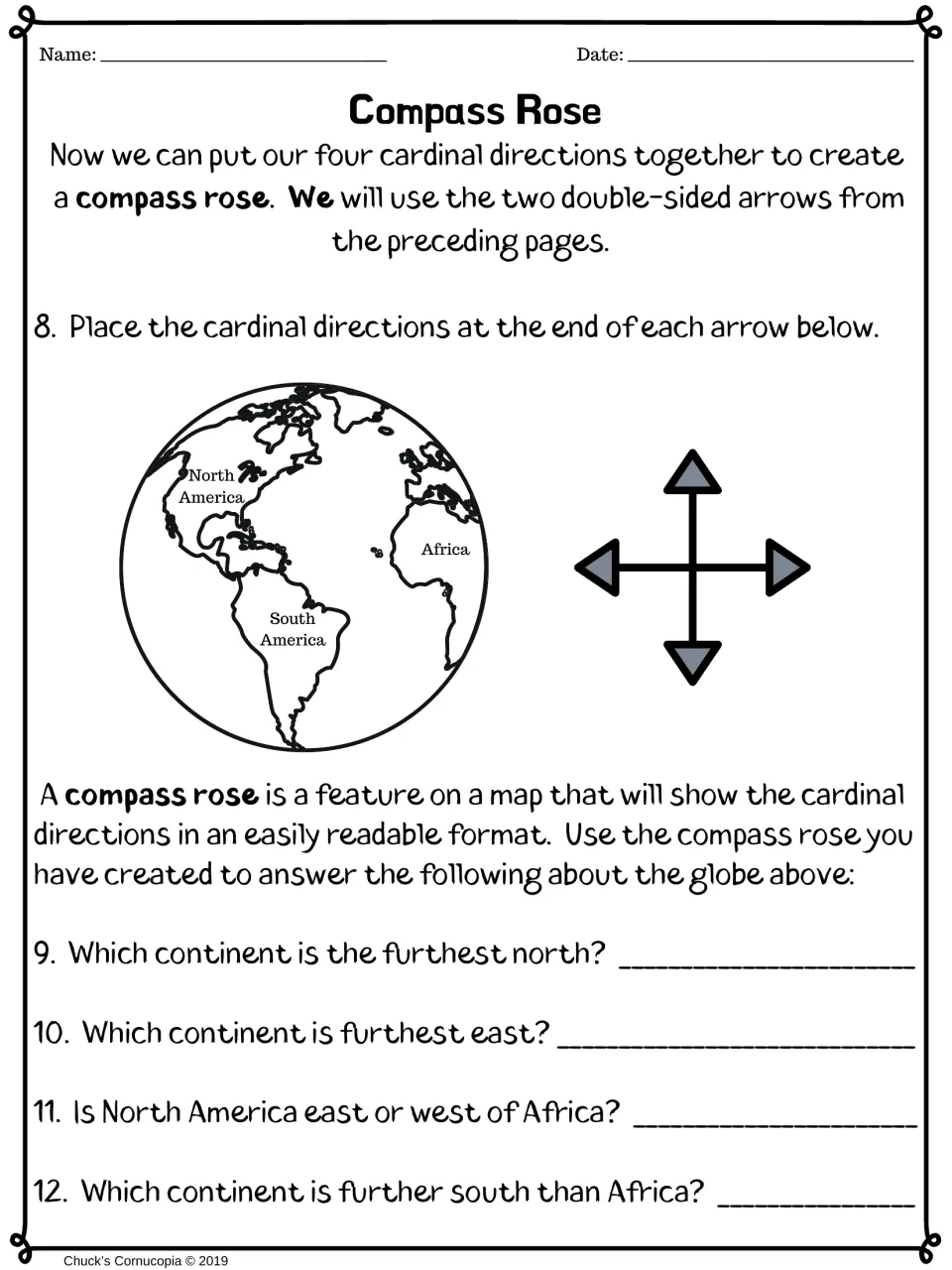 Compass rose: students label four arrow ends, then find which continent is furthest north, east or south on a globe