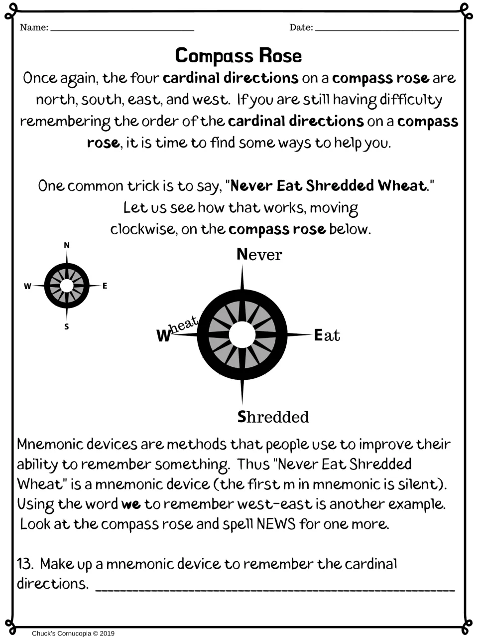 Compass rose mnemonics: 'Never Eat Shredded Wheat' and NEWS shown clockwise; students invent their own memory device