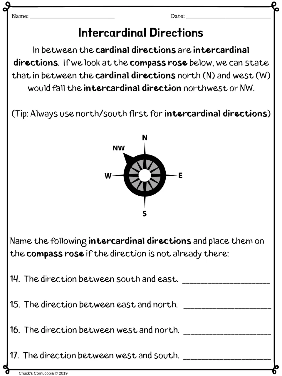 Intercardinal directions version: students name the direction between two cardinal points and mark it on the compass rose