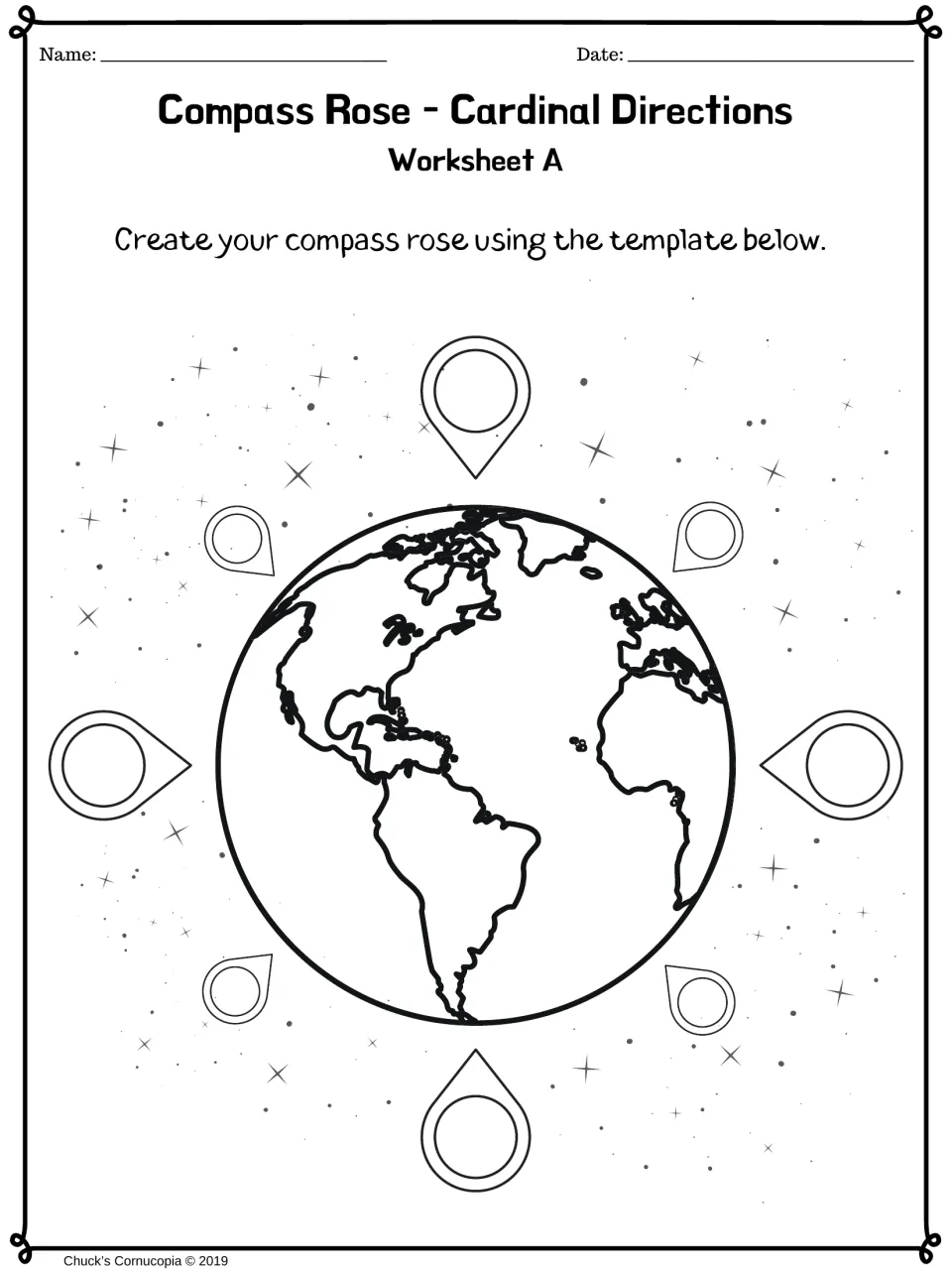 Compass Rose - Cardinal Directions Worksheet A: students fill eight blank markers around a globe to build a compass rose