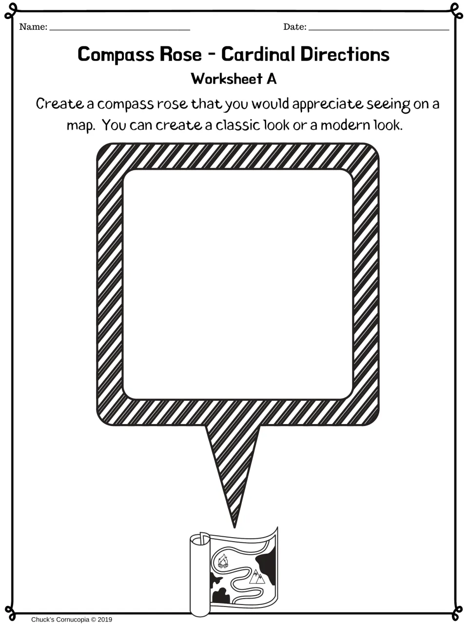 Design task, Worksheet A: students draw an original compass rose in a classic or modern style, as if for a map