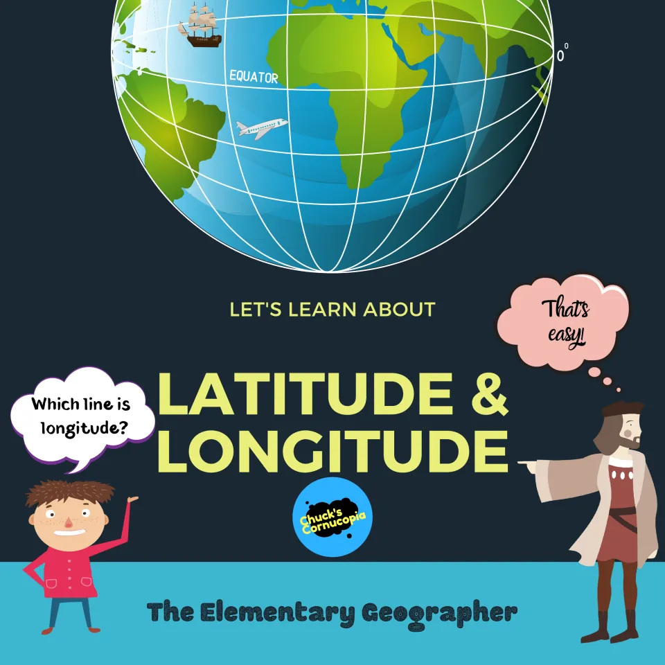Cover: Let's Learn About Latitude & Longitude, a globe with the equator at 0° and a boy asking which line is longitude
