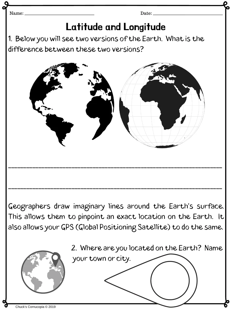 Imaginary lines intro: students compare a plain Earth with a gridded Earth and name their own town or city on a map pin