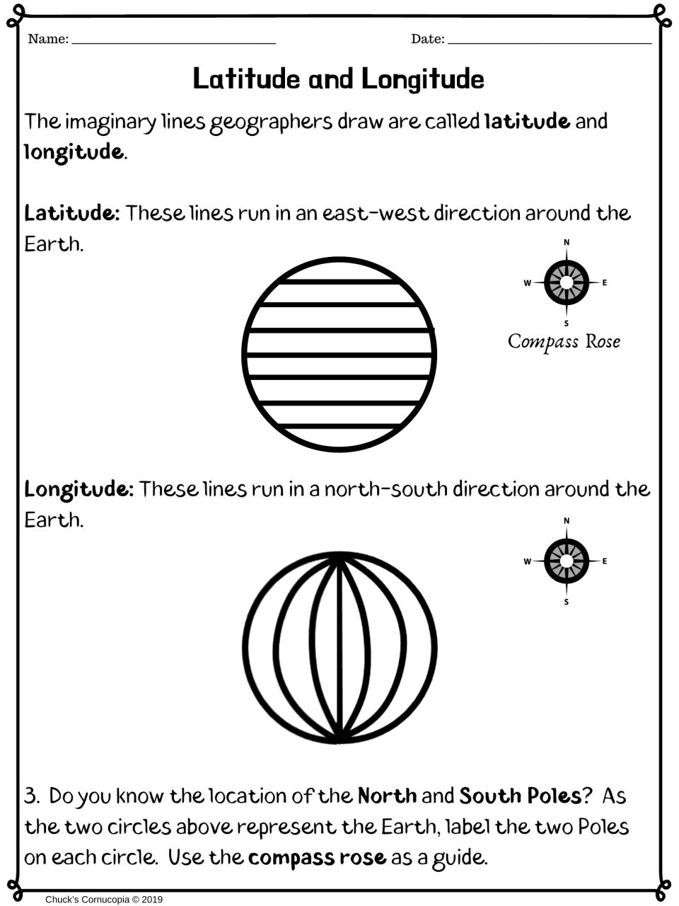 Latitude runs east-west, longitude north-south: students label the North and South Poles on two globes using a compass rose
