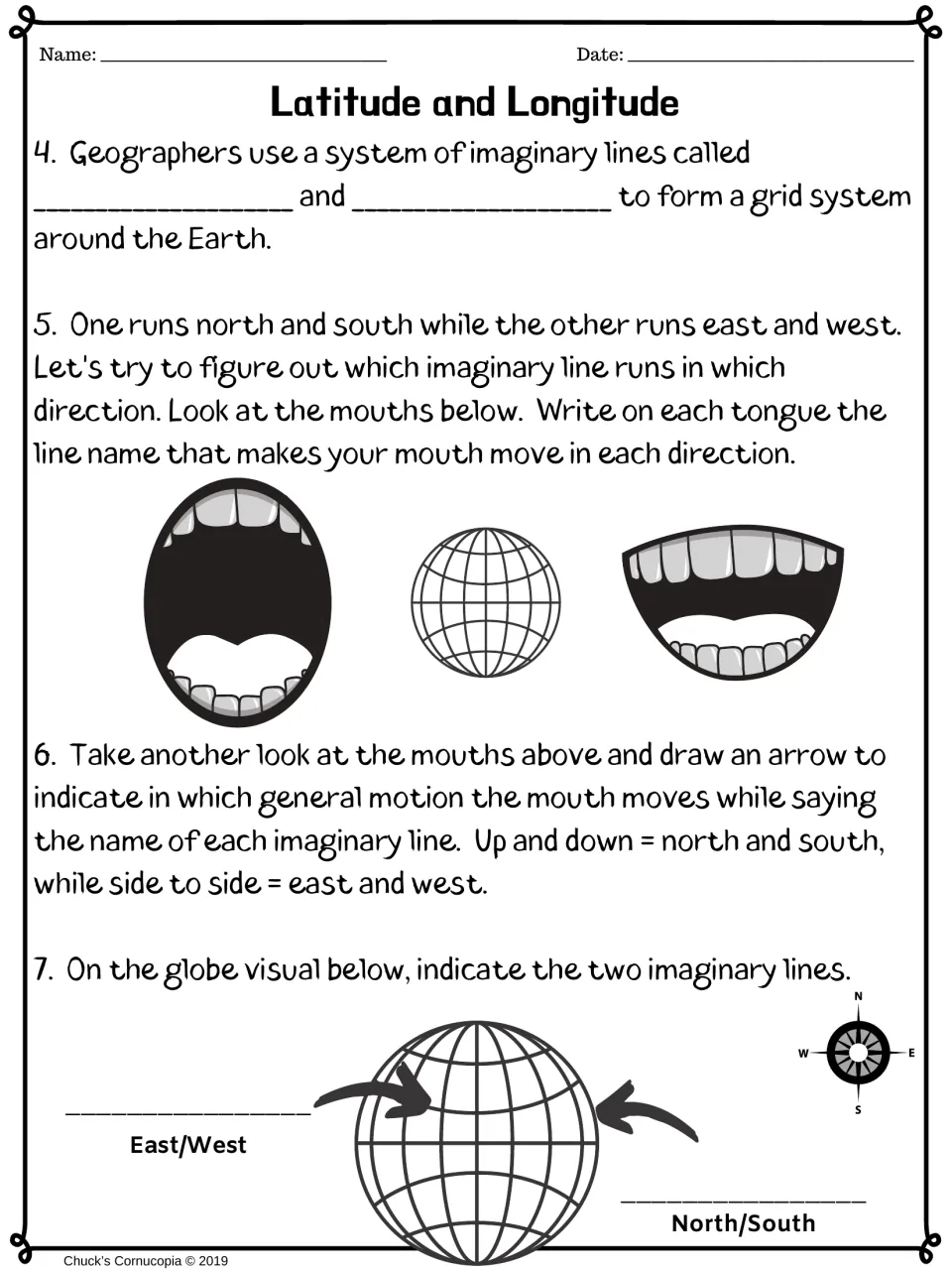 Mouth-movement trick for line directions: students write line names on tongues, draw motion arrows and label a globe's lines