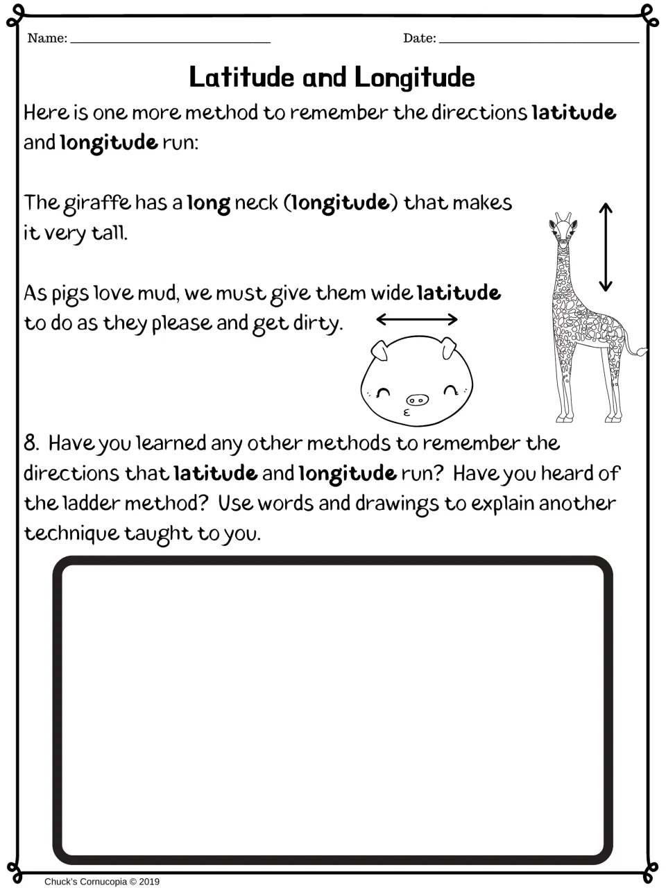 Giraffe and pig memory tricks for longitude and latitude; students use words and drawings to explain another trick
