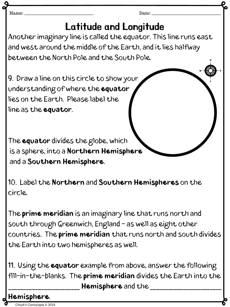 Equator and prime meridian: students draw and label the equator, label Northern and Southern Hemispheres and fill in blanks