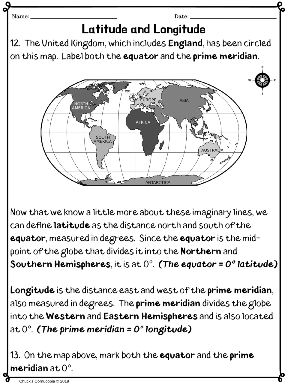 Degrees on a world map: students label the equator and prime meridian at 0° near the circled United Kingdom