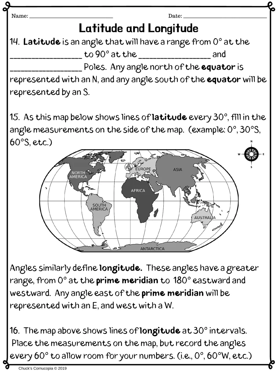 Latitude and longitude angles: students fill in blanks, then label latitude every 30° and longitude every 60°
