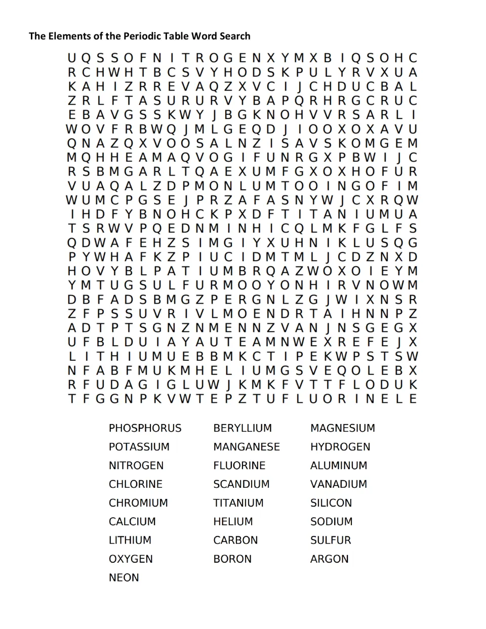 Element word search: students find 25 element names such as phosphorus, nitrogen and argon hidden in the letter puzzle