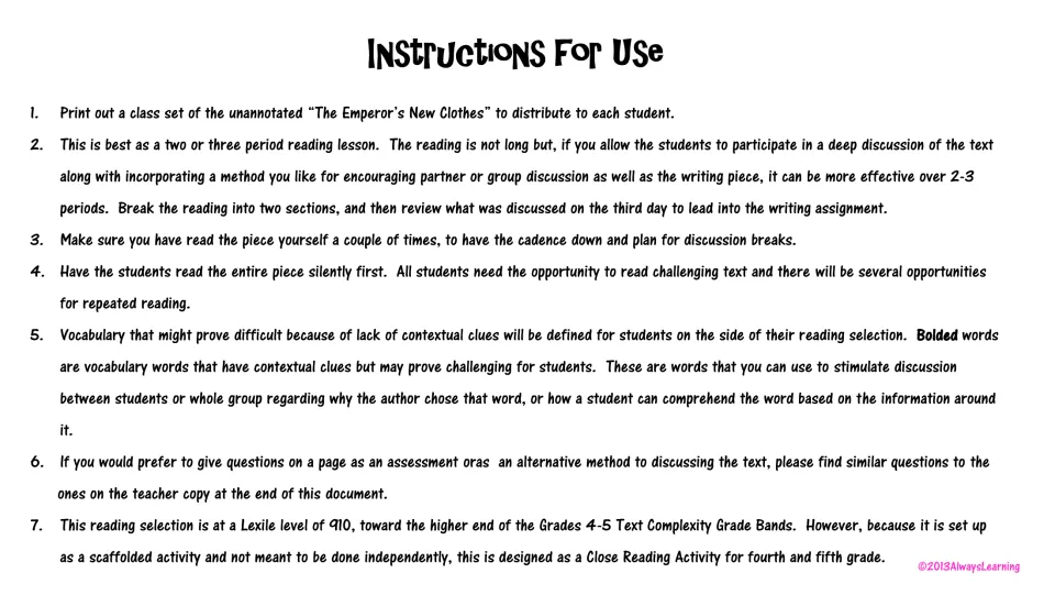 Instructions for Use: teacher steps for two- or three-period lesson, silent first read, bolded vocabulary, Lexile 910