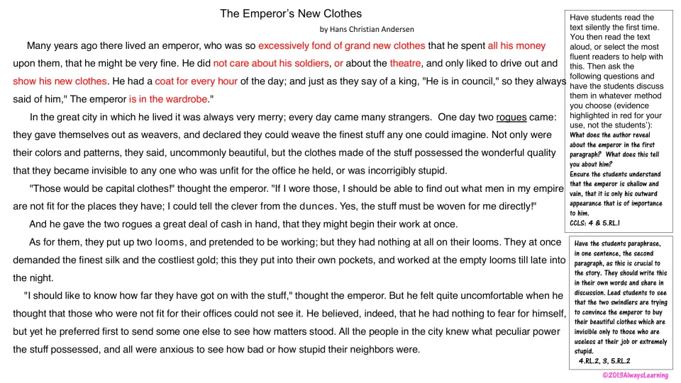 Story opening with red evidence on the vain emperor; students analyze his character and paraphrase paragraph 2