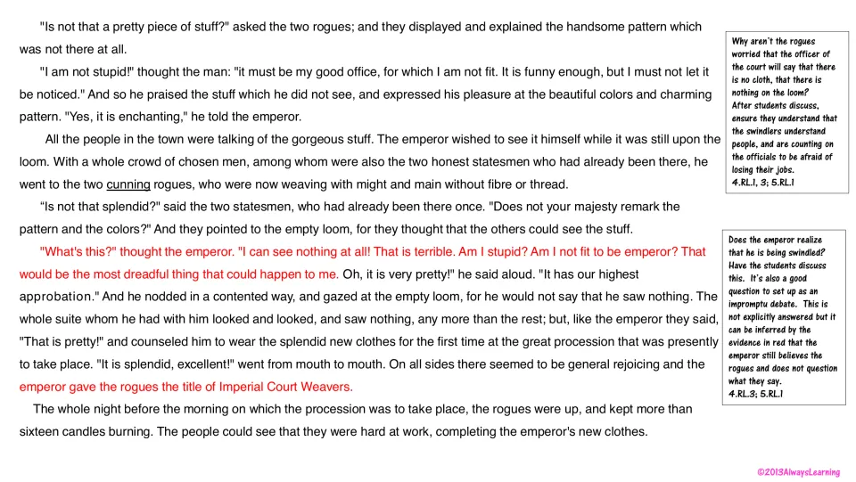 Officials and emperor praise invisible cloth; students discuss why the rogues aren't worried and if he sees the swindle