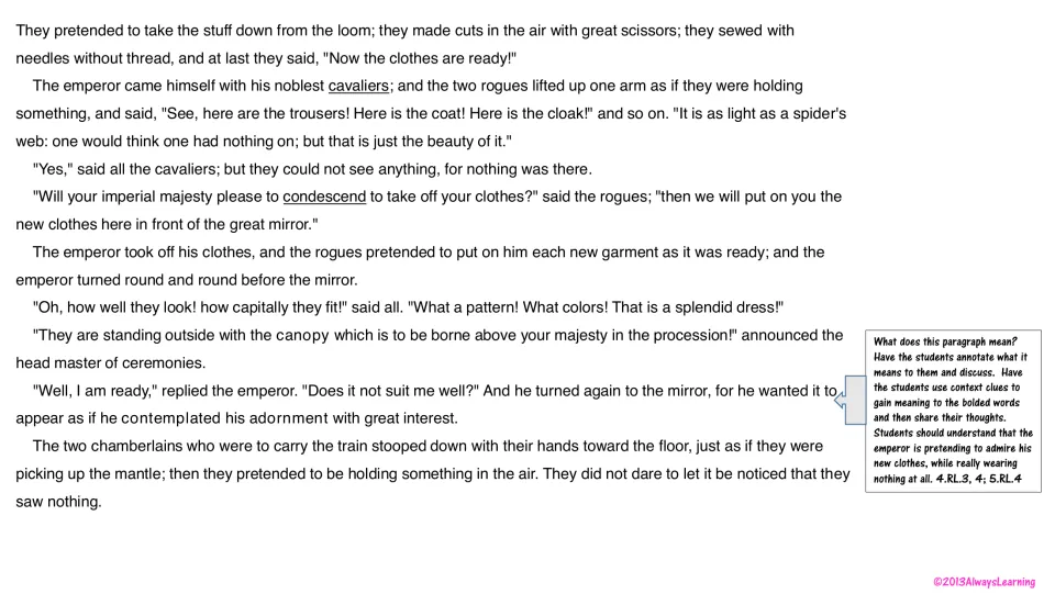 The rogues dress the emperor in nothing; students annotate a paragraph and use context clues for words like condescend