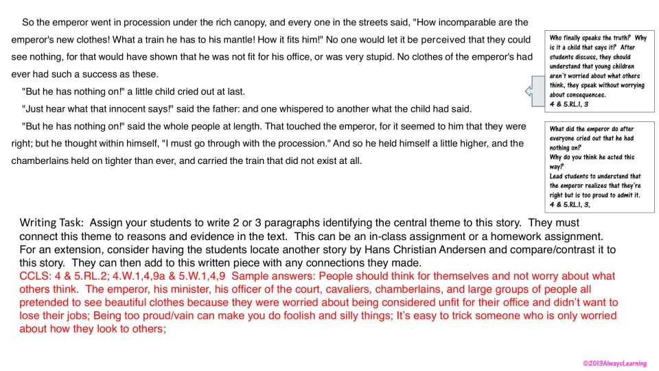 Story ending: a child says he has nothing on; students discuss why, then write on the central theme using text evidence
