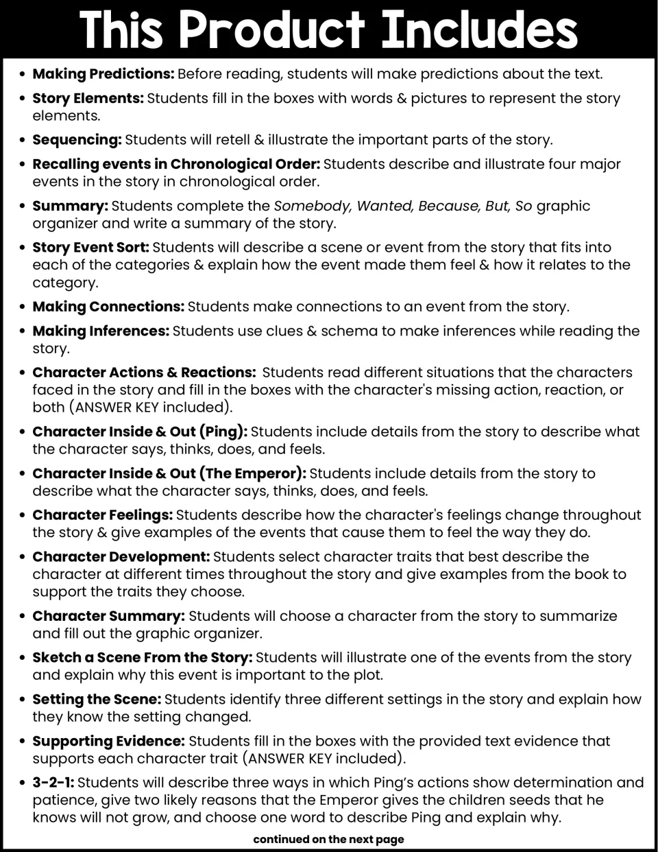 Included activities, part 1: predictions, story elements, sequencing, summary, inferences, character traits and 3-2-1