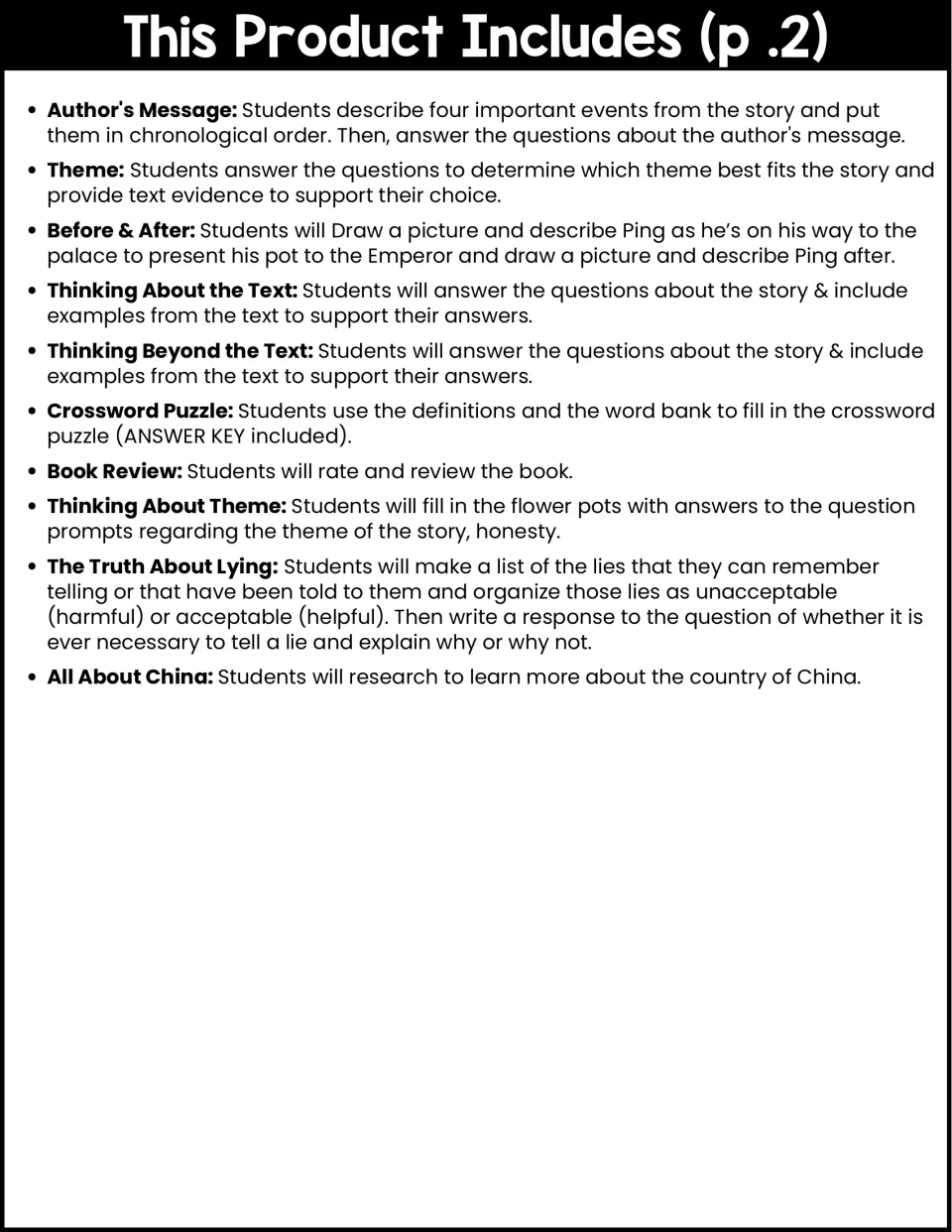 Included activities, part 2: author's message, theme, before and after, crossword, book review, lying and China research