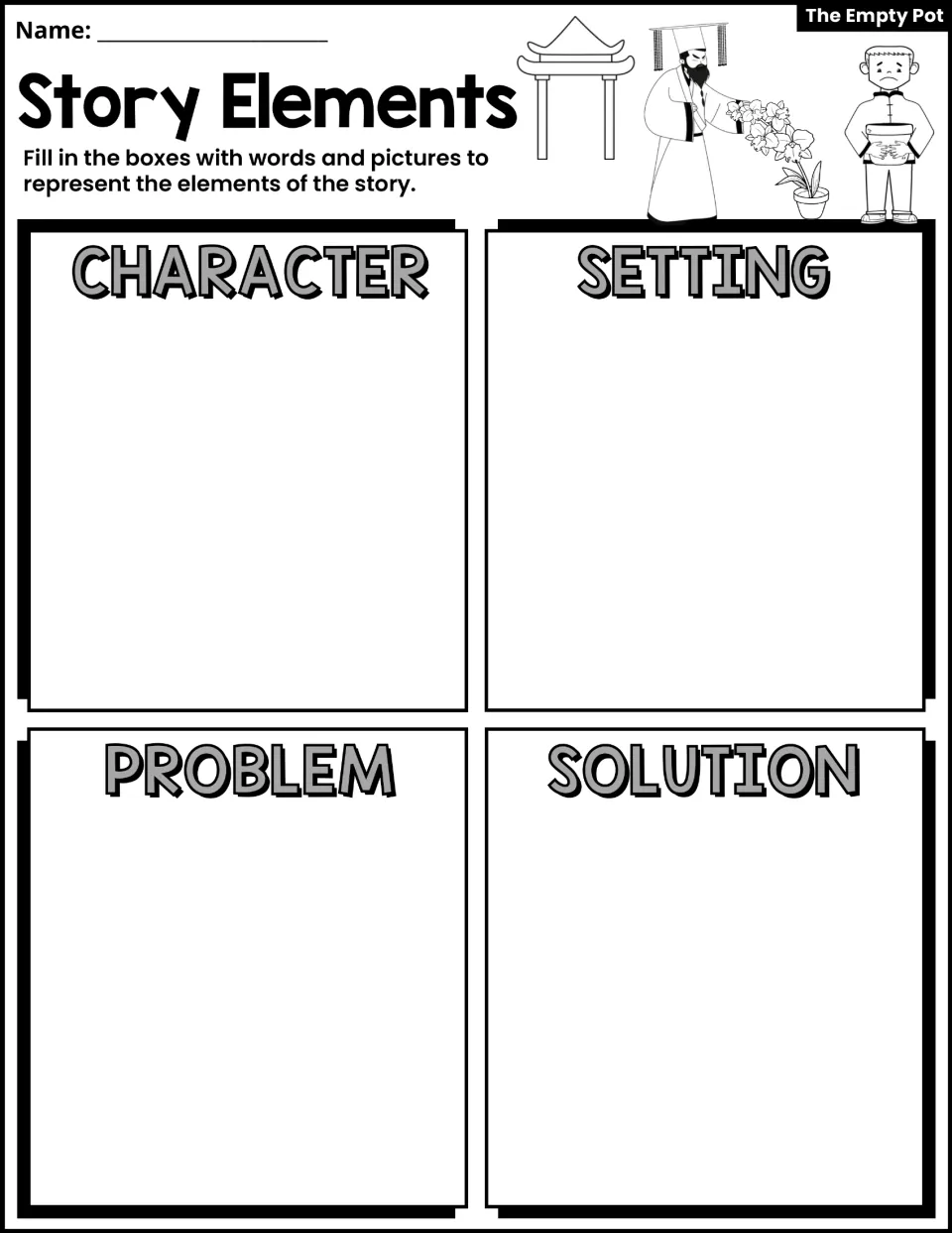 Story elements: students use words and pictures to show the character, setting, problem and solution of The Empty Pot