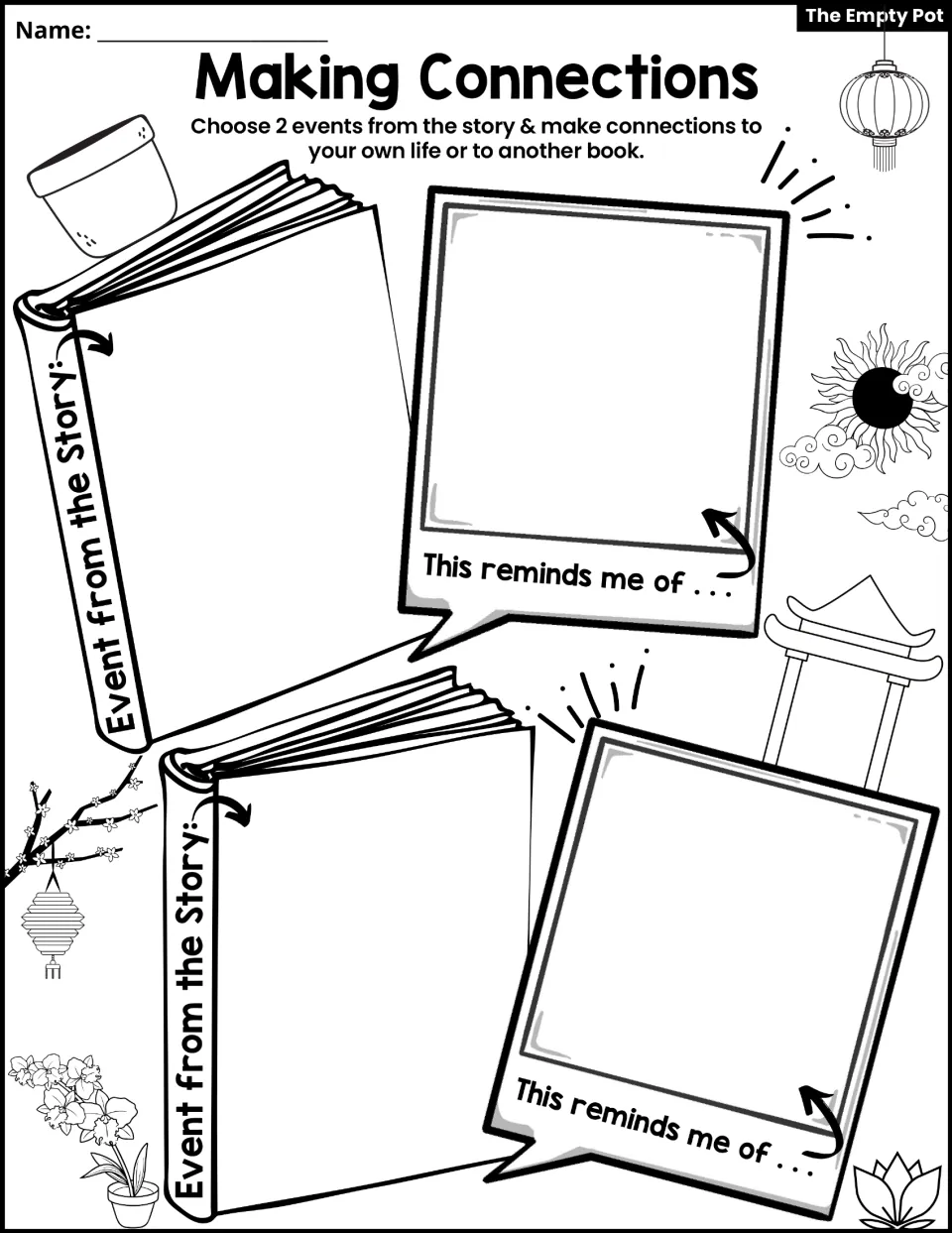Making connections: students choose 2 events from the story and tell what each reminds them of in their life or another book