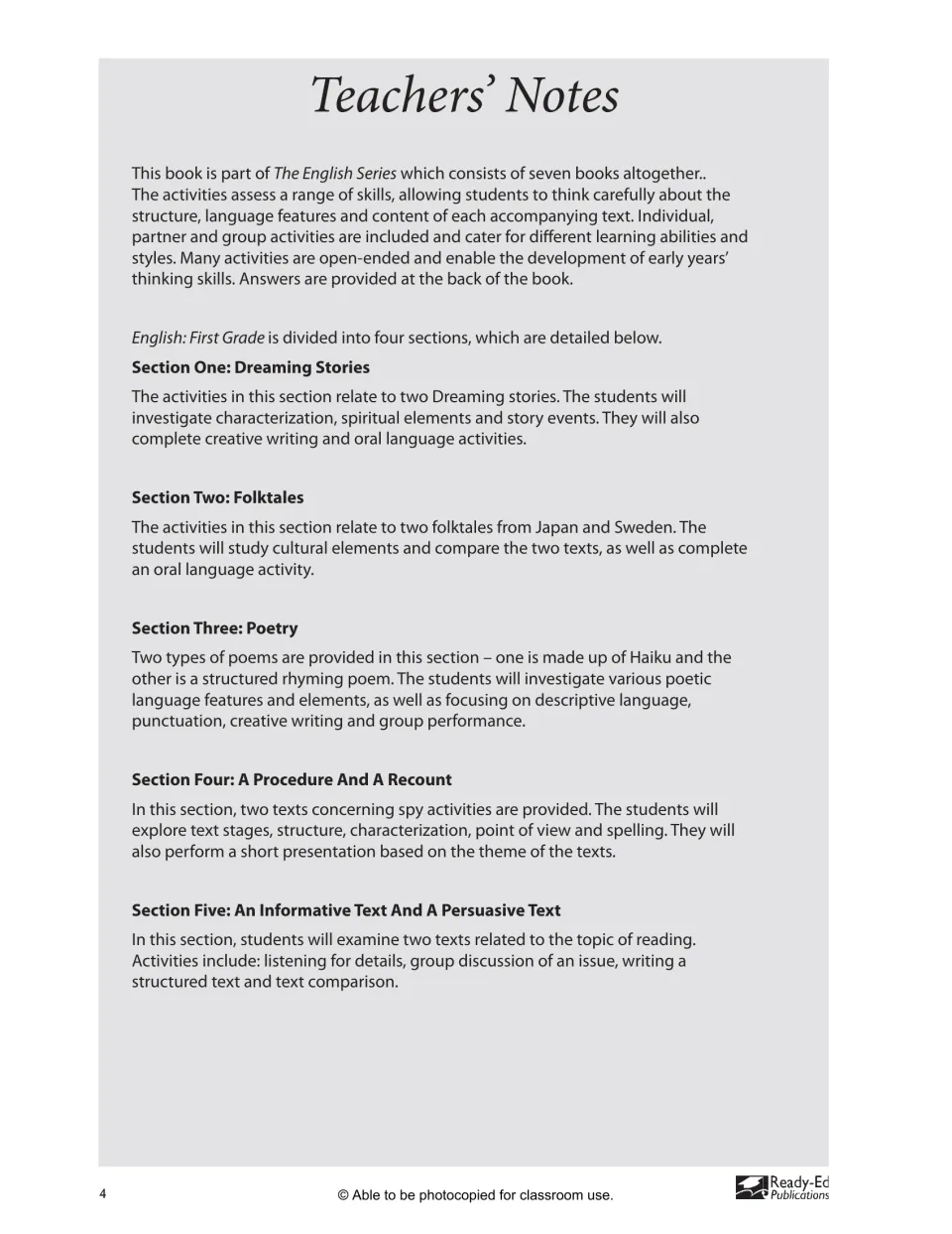 Teachers' notes summarizing each of the five sections, such as characterization in Dreaming stories and haiku in poetry