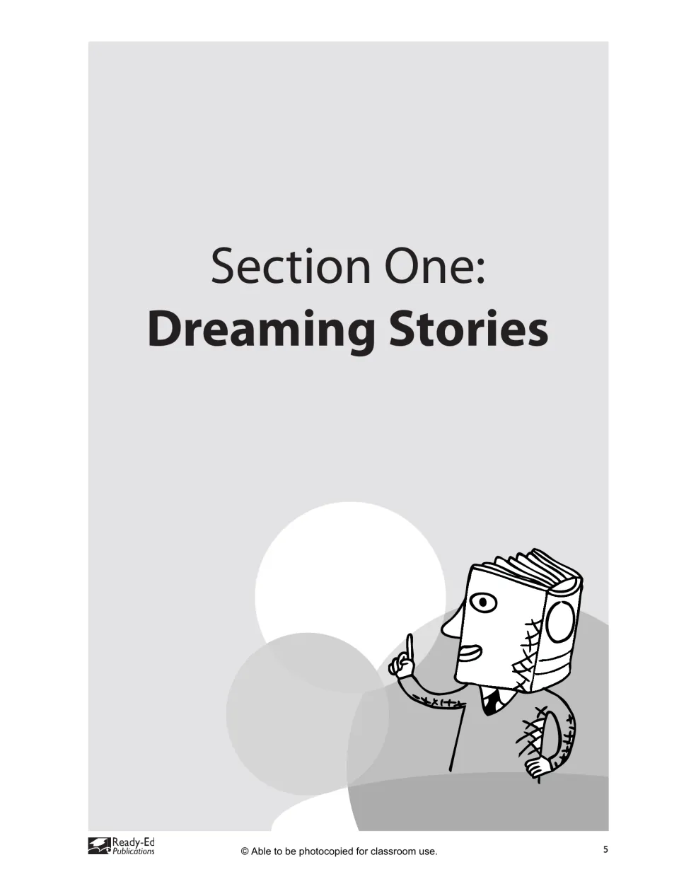 Section One title page for Dreaming Stories, featuring a cartoon character with a book for a head pointing upward