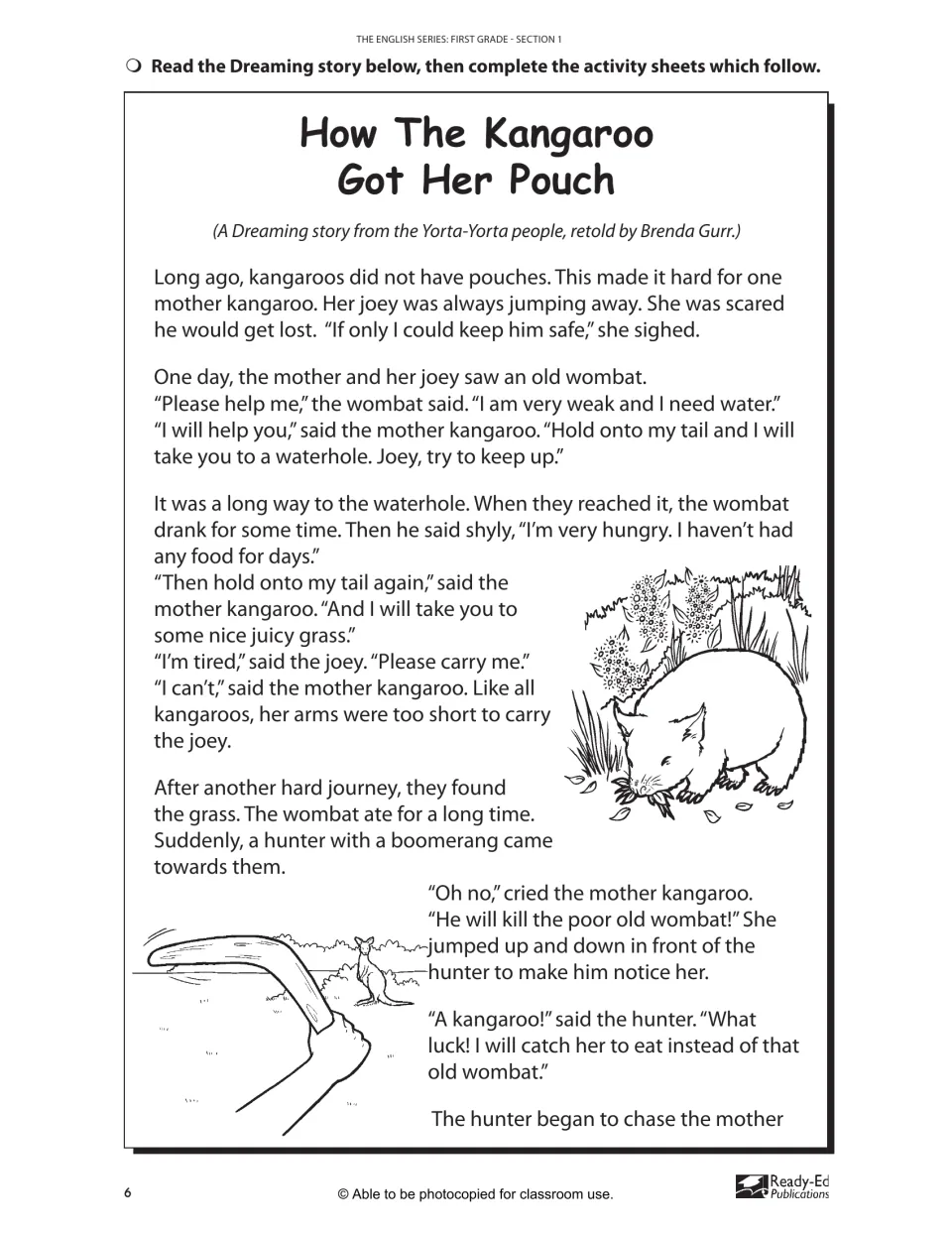 How The Kangaroo Got Her Pouch, part 1: a Yorta-Yorta Dreaming story to read, with drawings of a wombat and a boomerang