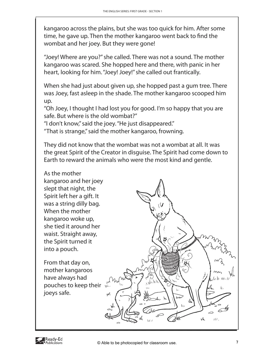 Kangaroo pouch story ending: the wombat is revealed as the Spirit, who turns a dilly bag into a pouch for the mother